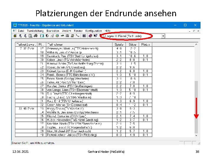 Platzierungen der Endrunde ansehen 12. 06. 2021 Gerhard Heder (He. So. Wa) 38 