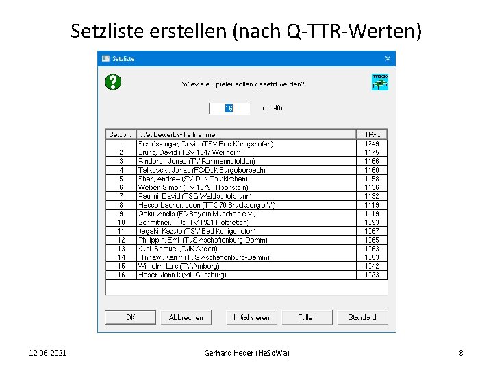 Setzliste erstellen (nach Q-TTR-Werten) 12. 06. 2021 Gerhard Heder (He. So. Wa) 8 