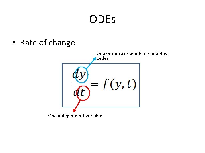 ODEs • Rate of change One or more dependent variables Order One independent variable
