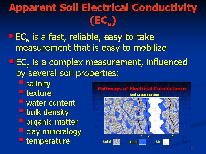 Apparent Soil Electrical Conductivity (ECa) • ECa is a fast, reliable, easy-to-take measurement that