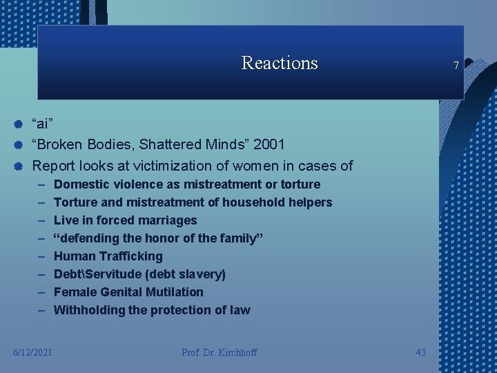 Reactions 7 “ai” | “Broken Bodies, Shattered Minds” 2001 | Report looks at victimization