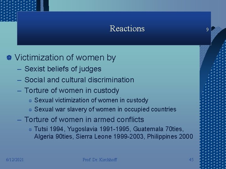 Reactions | Victimization 9 of women by – Sexist beliefs of judges – Social