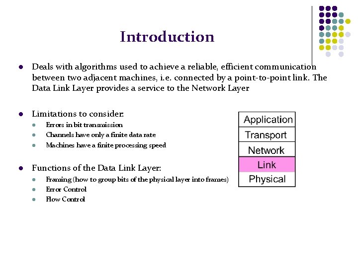 Introduction l Deals with algorithms used to achieve a reliable, efficient communication between two