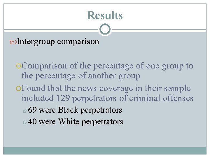 Results Intergroup comparison Comparison of the percentage of one group to the percentage of