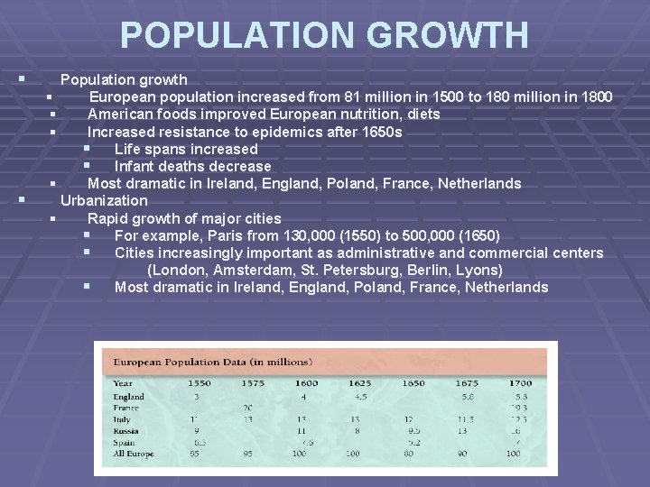 POPULATION GROWTH § § Population growth § European population increased from 81 million in