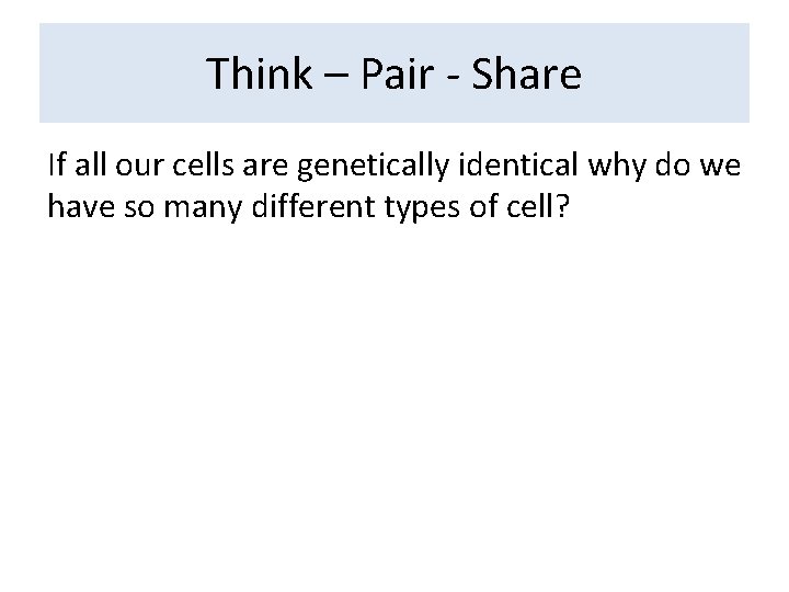 Think – Pair - Share If all our cells are genetically identical why do