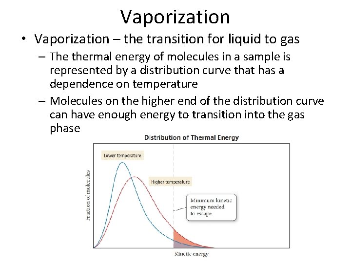 Vaporization • Vaporization – the transition for liquid to gas – The thermal energy