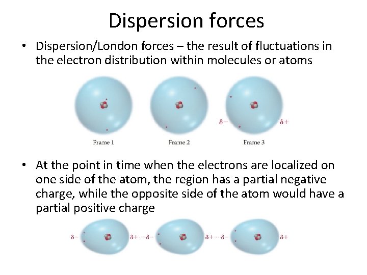 Dispersion forces • Dispersion/London forces – the result of fluctuations in the electron distribution