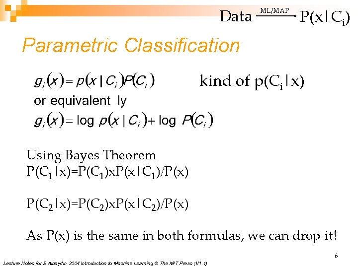 Data ML/MAP P(x|Ci) Parametric Classification kind of p(Ci|x) Using Bayes Theorem P(C 1|x)=P(C 1)x.