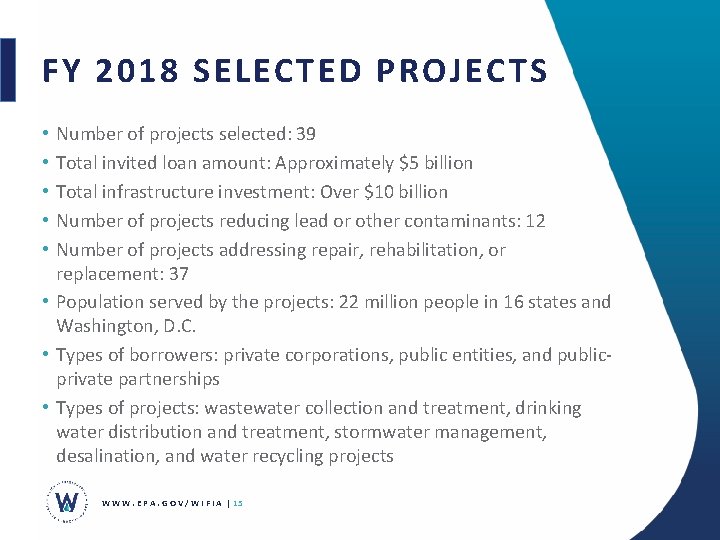 FY 2018 SELECTED PROJECTS Number of projects selected: 39 Total invited loan amount: Approximately