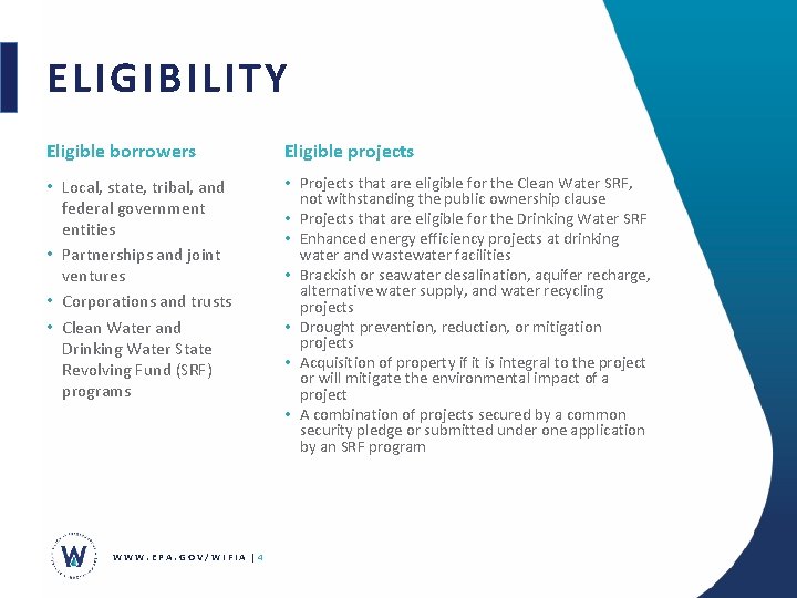 ELIGIBILITY Eligible borrowers Eligible projects • Local, state, tribal, and federal government entities •