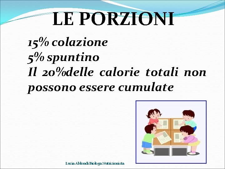 LE PORZIONI 15% colazione 5% spuntino Il 20%delle calorie totali non possono essere cumulate