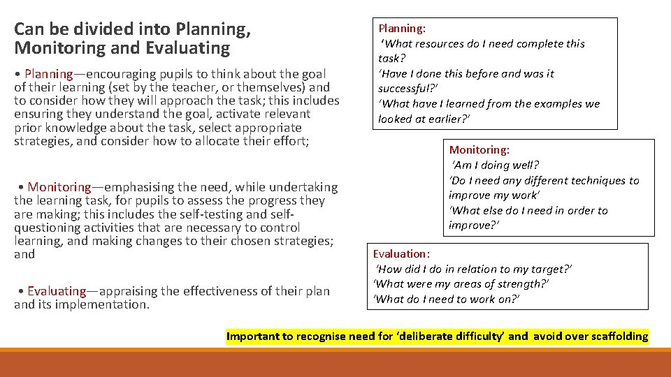 Can be divided into Planning, Monitoring and Evaluating • Planning—encouraging pupils to think about