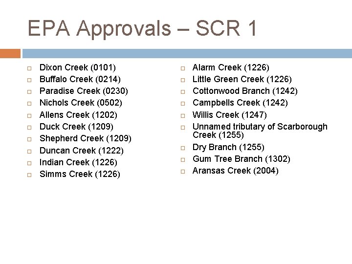 EPA Approvals – SCR 1 Dixon Creek (0101) Buffalo Creek (0214) Paradise Creek (0230)