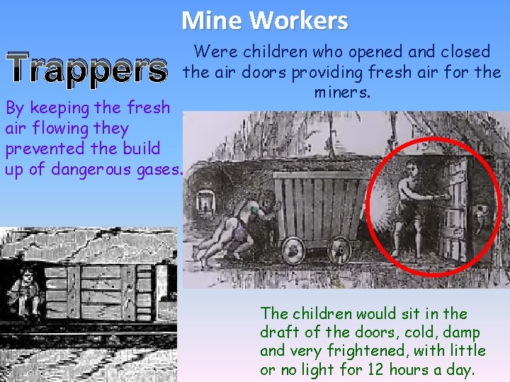 Mine Workers Trappers Were children who opened and closed the air doors providing fresh Mine Workers Trappers Were children who opened and closed the air doors providing fresh