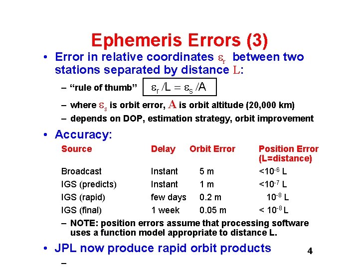 Ephemeris Errors (3) • Error in relative coordinates r between two stations separated by Ephemeris Errors (3) • Error in relative coordinates r between two stations separated by