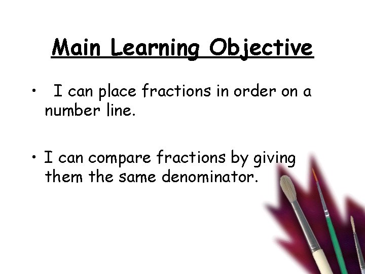 Main Learning Objective • I can place fractions in order on a number line.