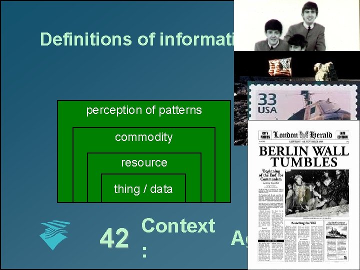 Definitions of information perception of patterns commodity resource thing / data 42 Context Age