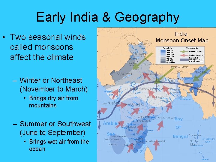 Early India & Geography • Two seasonal winds called monsoons affect the climate – Early India & Geography • Two seasonal winds called monsoons affect the climate –