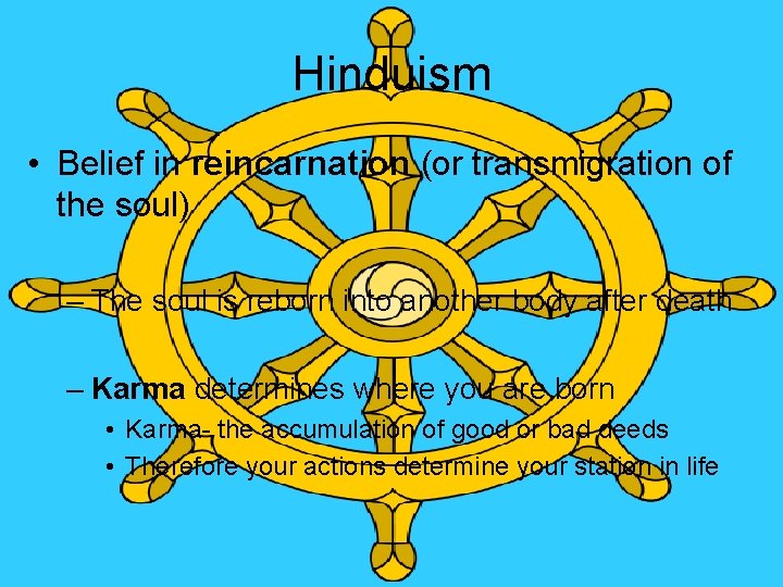 Hinduism • Belief in reincarnation (or transmigration of the soul) – The soul is Hinduism • Belief in reincarnation (or transmigration of the soul) – The soul is