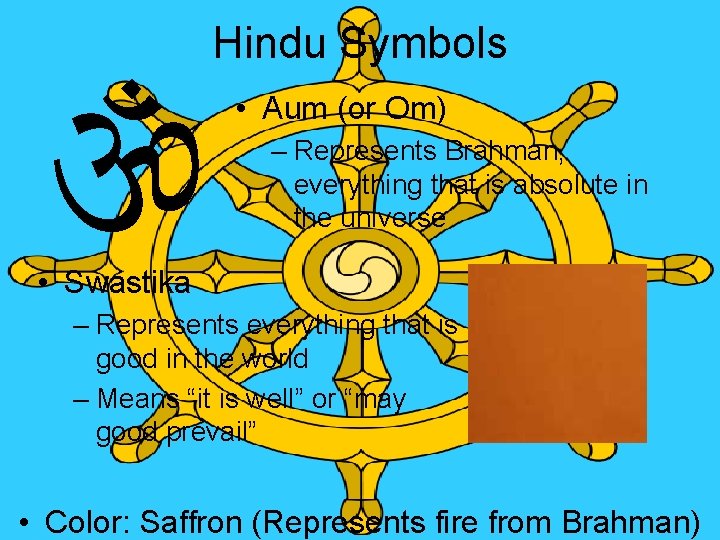 Hindu Symbols • Aum (or Om) – Represents Brahman, everything that is absolute Hindu Symbols • Aum (or Om) – Represents Brahman, everything that is absolute
