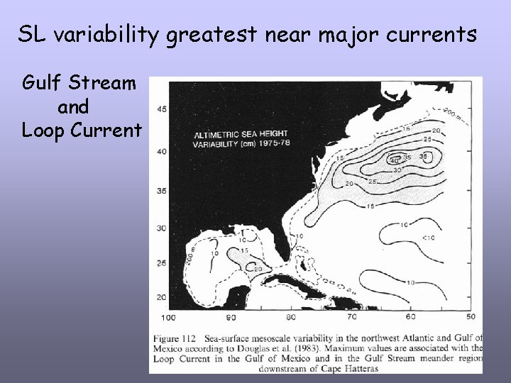 SL variability greatest near major currents Gulf Stream and Loop Current 