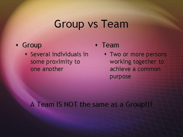 Group vs Team s Group s Several individuals in some proximity to one another