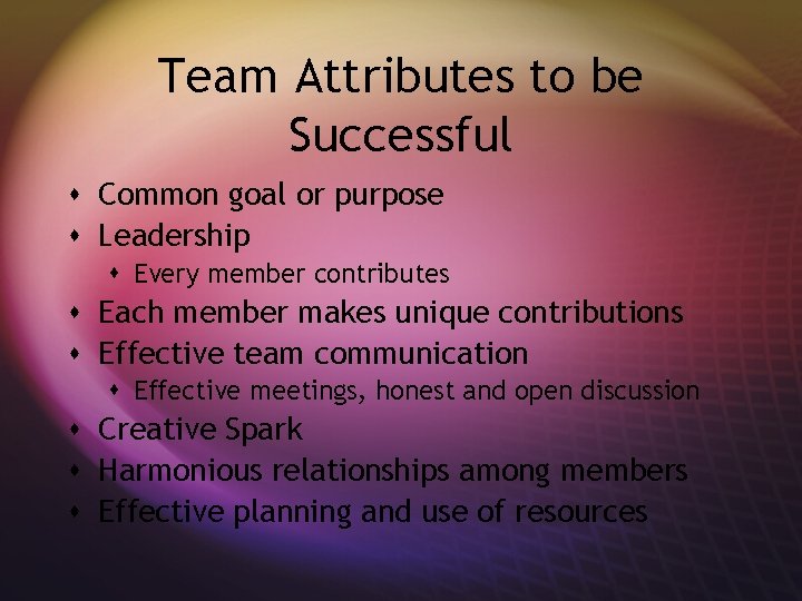 Team Attributes to be Successful s Common goal or purpose s Leadership s Every