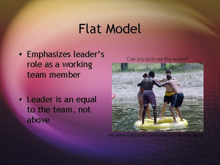 Flat Model s Emphasizes leader’s role as a working team member Can you pick