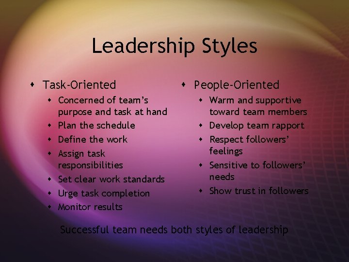 Leadership Styles s Task-Oriented s Concerned of team’s purpose and task at hand s