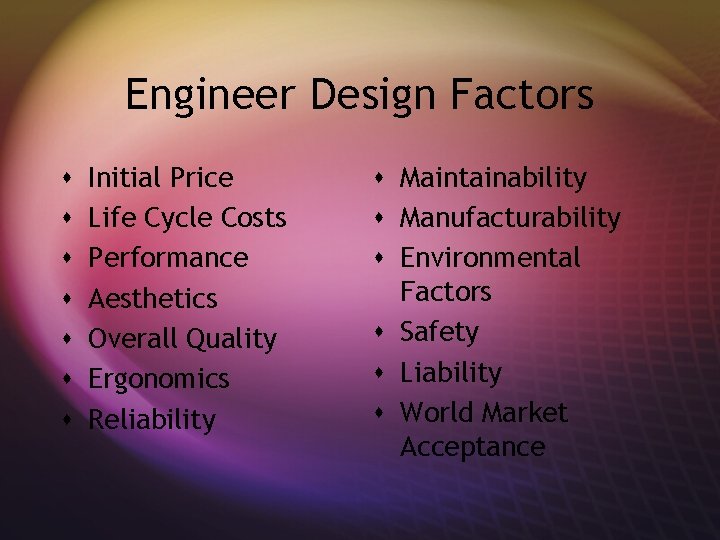 Engineer Design Factors s s s Initial Price Life Cycle Costs Performance Aesthetics Overall