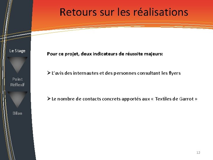 Retours sur les réalisations Le Stage Point Réflexif Pour ce projet, deux indicateurs de Retours sur les réalisations Le Stage Point Réflexif Pour ce projet, deux indicateurs de