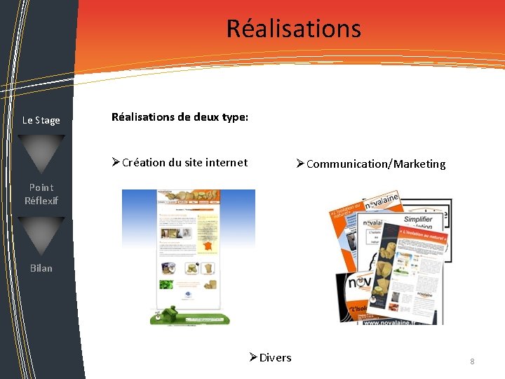 Réalisations Le Stage Réalisations de deux type: ØCréation du site internet ØCommunication/Marketing Point Réflexif Réalisations Le Stage Réalisations de deux type: ØCréation du site internet ØCommunication/Marketing Point Réflexif