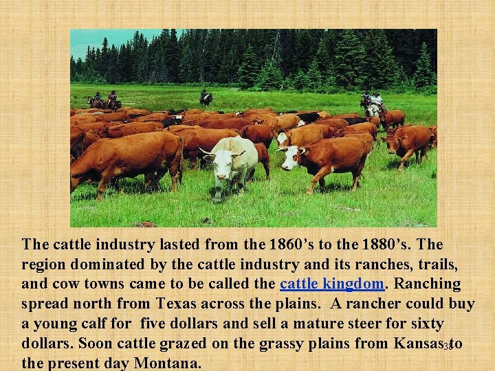 The cattle industry lasted from the 1860’s to the 1880’s. The region dominated by
