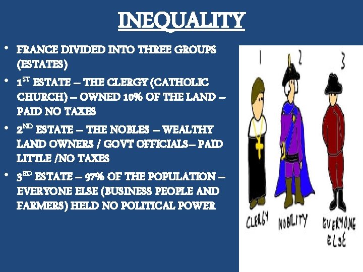 INEQUALITY • FRANCE DIVIDED INTO THREE GROUPS (ESTATES) • 1 ST ESTATE – THE