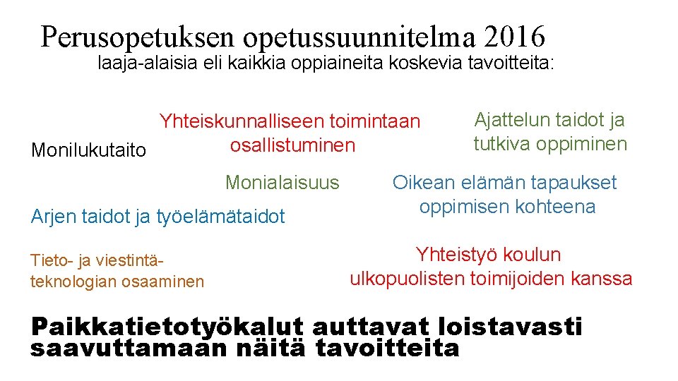 Perusopetuksen opetussuunnitelma 2016 laaja-alaisia eli kaikkia oppiaineita koskevia tavoitteita: Yhteiskunnalliseen toimintaan osallistuminen Monilukutaito Monialaisuus