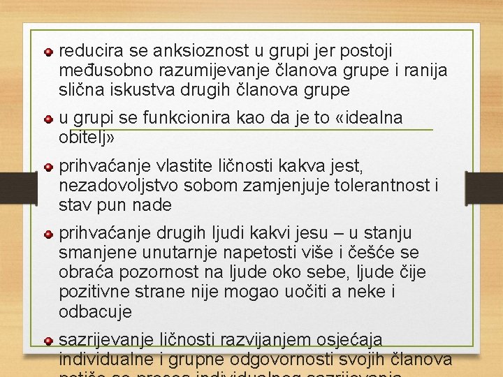 reducira se anksioznost u grupi jer postoji međusobno razumijevanje članova grupe i ranija slična