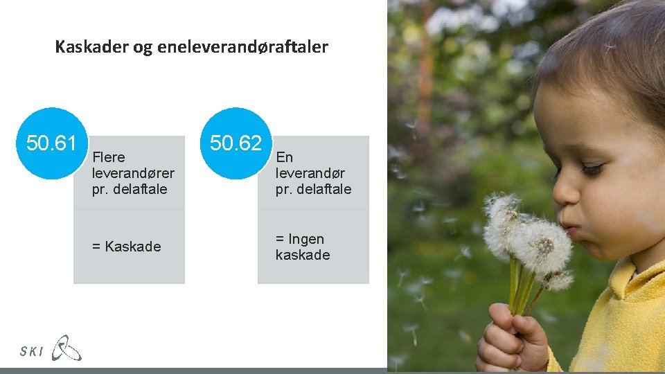 Kaskader og eneleverandøraftaler 50. 61 Flere leverandører pr. delaftale = Kaskade 50. 62 En