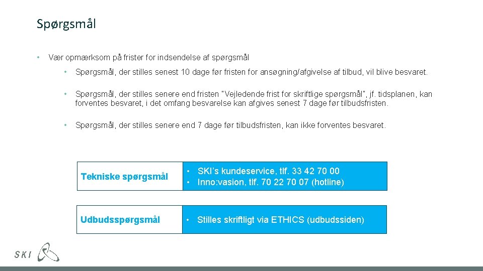 Spørgsmål • Vær opmærksom på frister for indsendelse af spørgsmål • Spørgsmål, der stilles