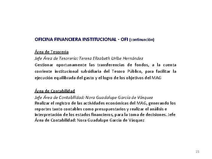 OFICINA FINANCIERA INSTITUCIONAL - OFI (continuación) Área de Tesorería Jefe Área de Tesorería: Teresa