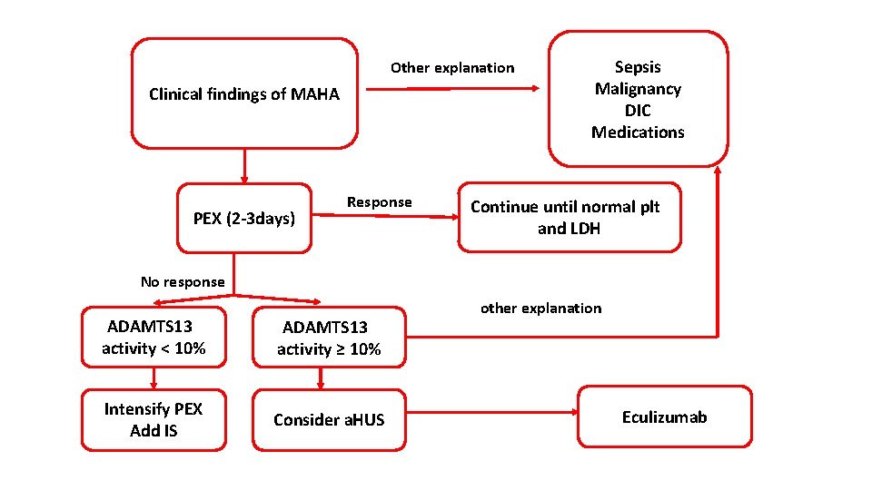 Other explanation Clinical findings of MAHA PEX (2 -3 days) Response Sepsis Malignancy DIC