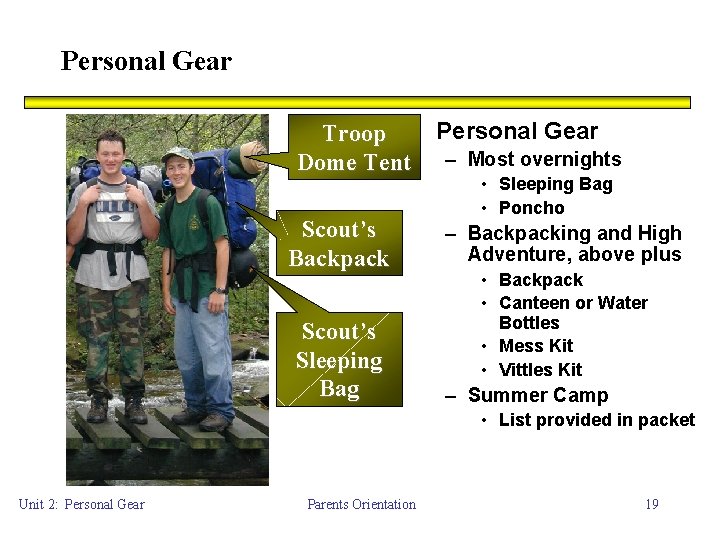 Personal Gear Troop • Personal Gear Dome Tent – Most overnights Scout’s Backpack Scout’s