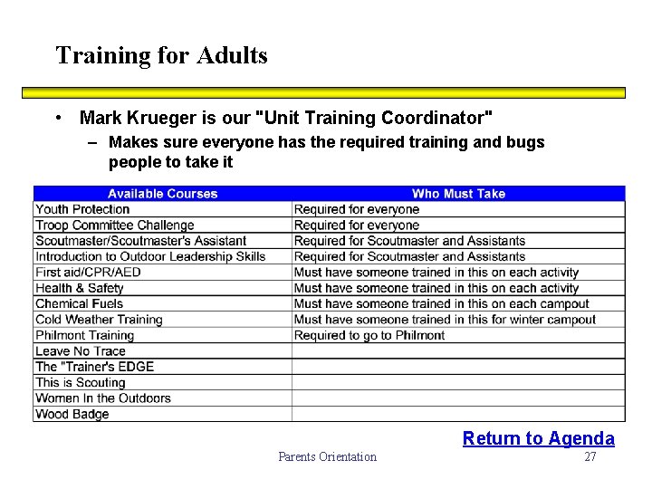 Training for Adults • Mark Krueger is our "Unit Training Coordinator" – Makes sure