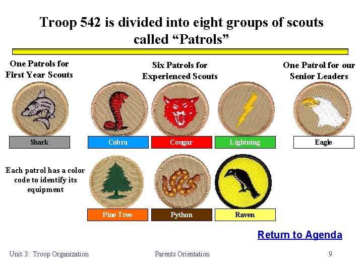 Troop 542 is divided into eight groups of scouts called “Patrols” One Patrols for