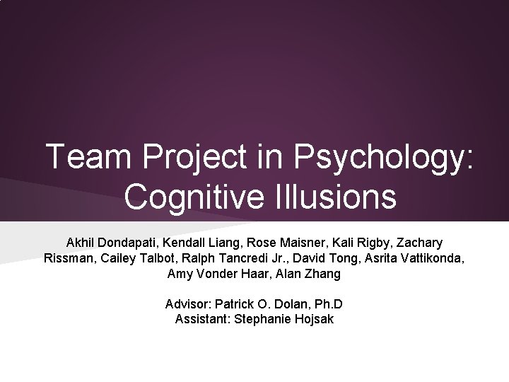 Team Project in Psychology: Cognitive Illusions Akhil Dondapati, Kendall Liang, Rose Maisner, Kali Rigby, Team Project in Psychology: Cognitive Illusions Akhil Dondapati, Kendall Liang, Rose Maisner, Kali Rigby,