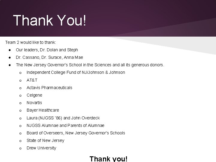 Thank You! Team 2 would like to thank: ● Our leaders, Dr. Dolan and Thank You! Team 2 would like to thank: ● Our leaders, Dr. Dolan and