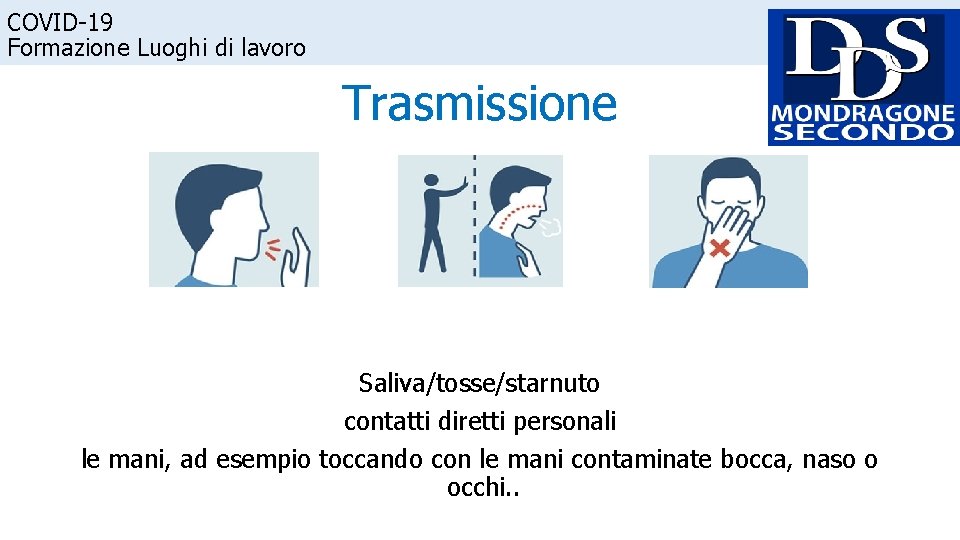 COVID-19 Formazione Luoghi di lavoro Trasmissione Saliva/tosse/starnuto contatti diretti personali le mani, ad esempio