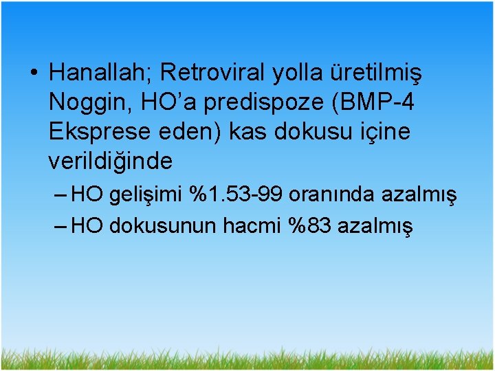  • Hanallah; Retroviral yolla üretilmiş Noggin, HO’a predispoze (BMP-4 Eksprese eden) kas dokusu