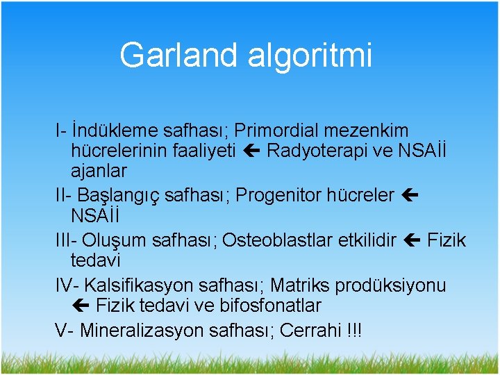 Garland algoritmi I- İndükleme safhası; Primordial mezenkim hücrelerinin faaliyeti Radyoterapi ve NSAİİ ajanlar II-