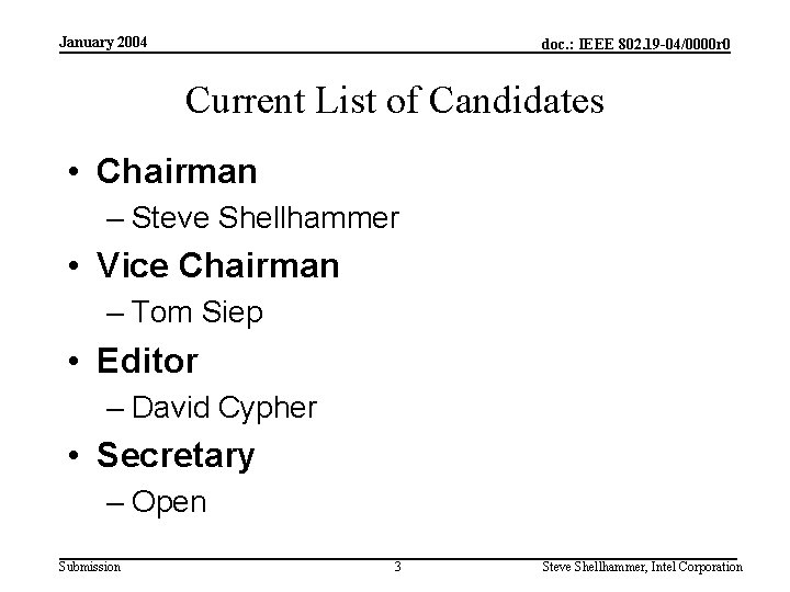 January 2004 doc. : IEEE 802. 19 -04/0000 r 0 Current List of Candidates